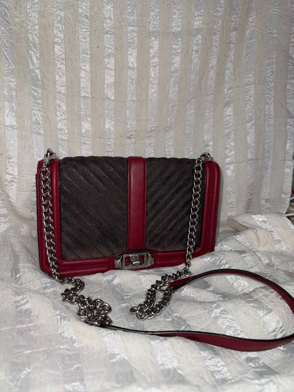 Rebecca Minkoff Quilted Burgundy Leather & Suede Crossbody Bag Purse